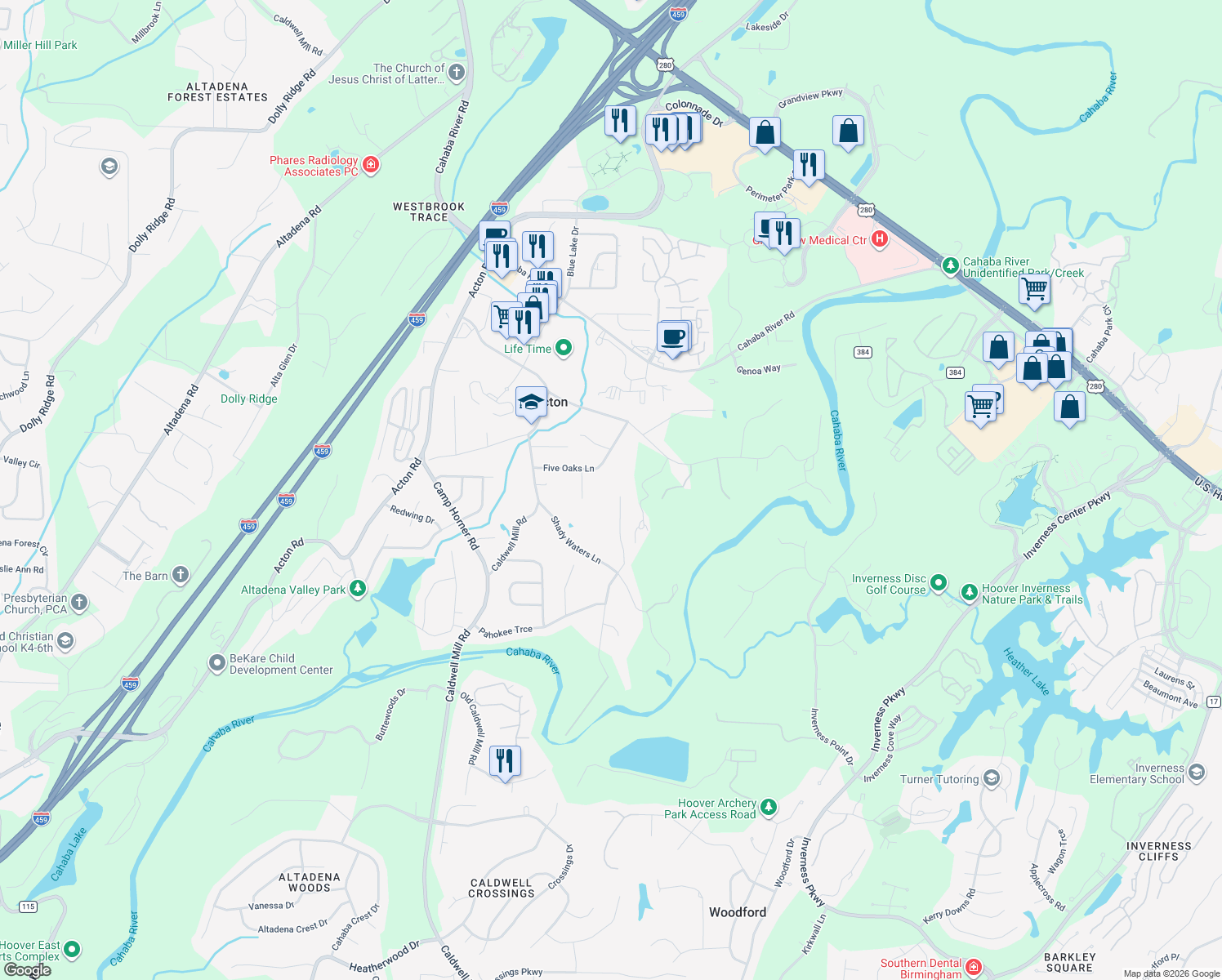 map of restaurants, bars, coffee shops, grocery stores, and more near 4672 Bridgewater Road in Birmingham