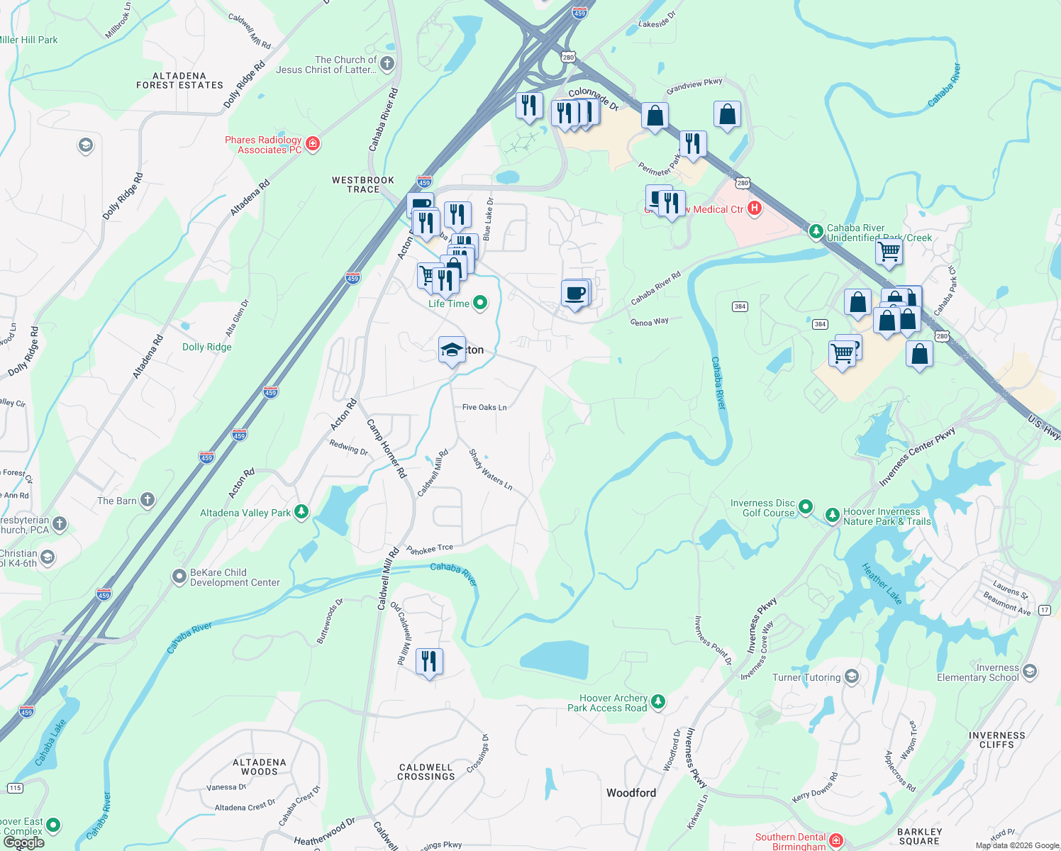 map of restaurants, bars, coffee shops, grocery stores, and more near 4672 Bridgewater Road in Birmingham