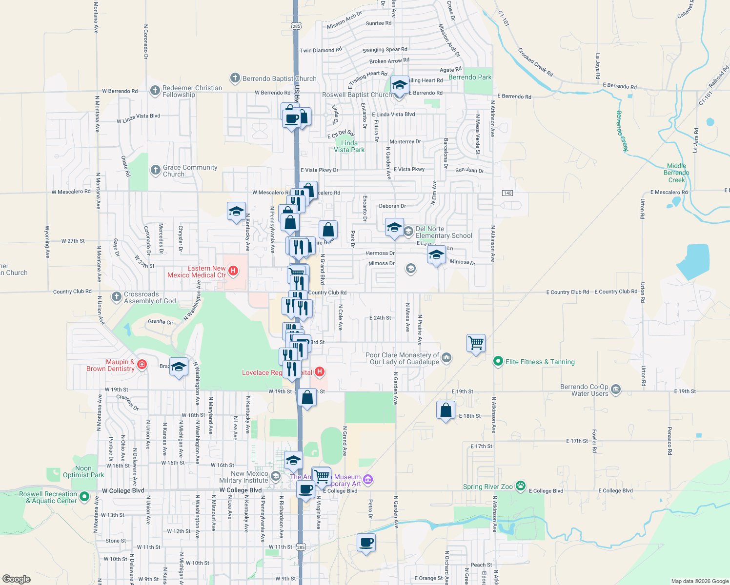 map of restaurants, bars, coffee shops, grocery stores, and more near 407 East Country Club Road in Roswell