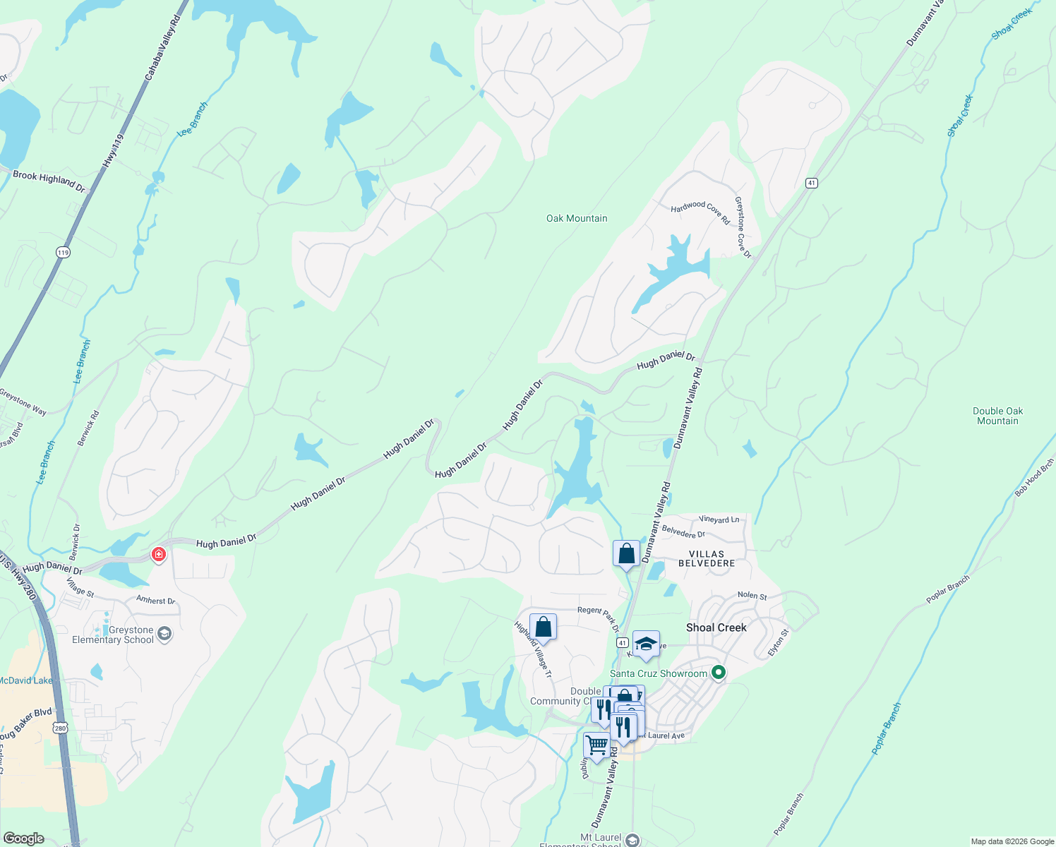 map of restaurants, bars, coffee shops, grocery stores, and more near 6089 Terrace Hills Drive in Birmingham