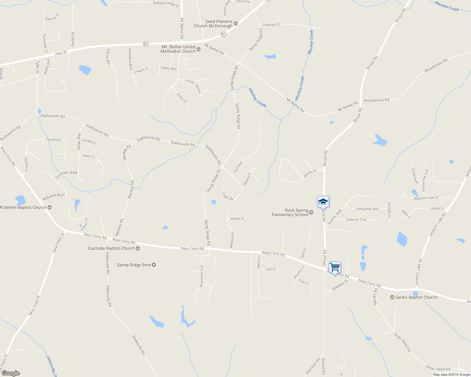 map of restaurants, bars, coffee shops, grocery stores, and more near 118 Loam Drive in McDonough