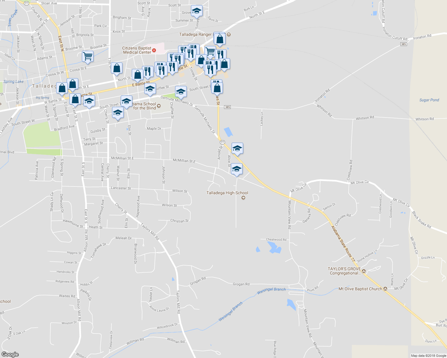 map of restaurants, bars, coffee shops, grocery stores, and more near 127 Roundabout Road in Talladega