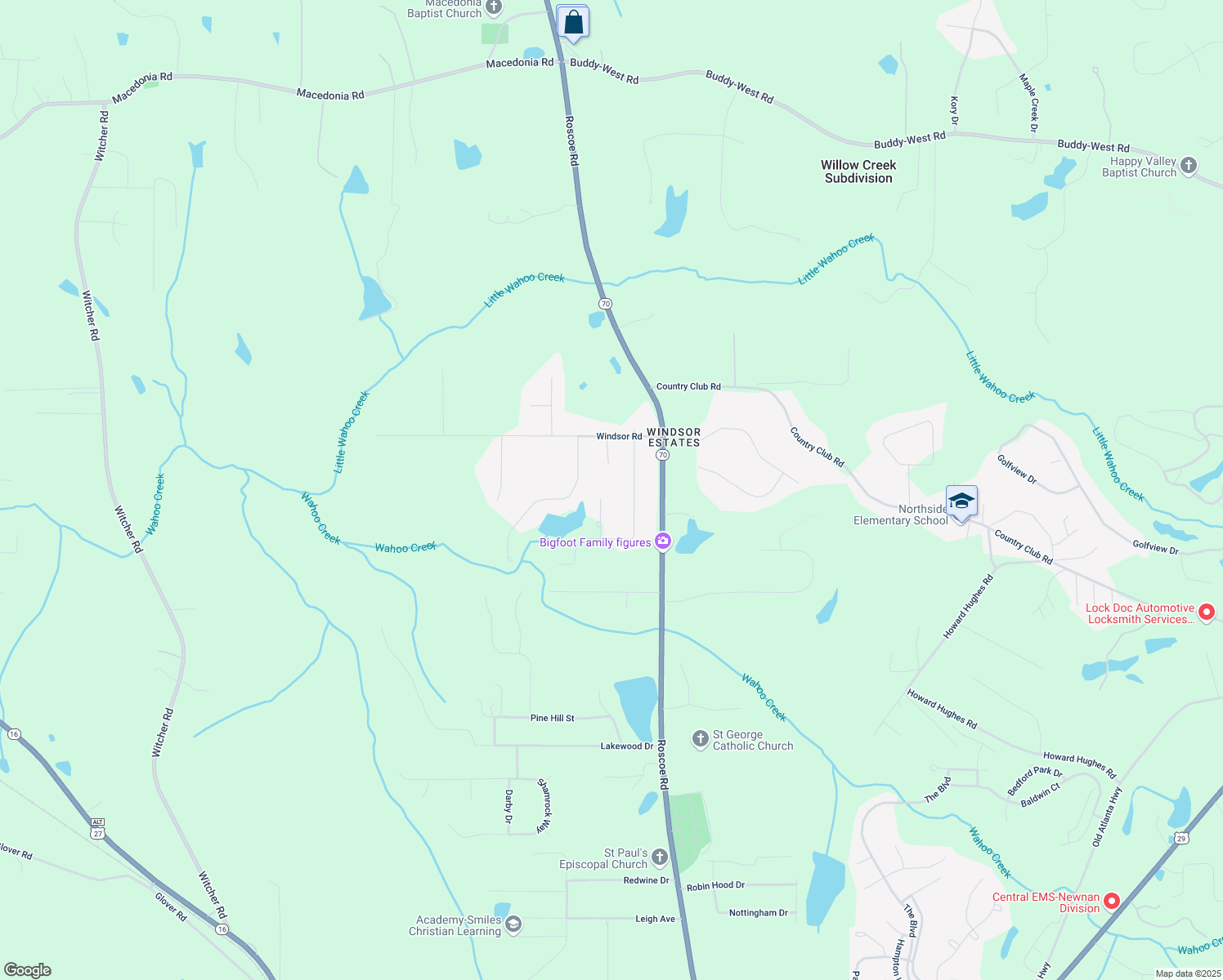 map of restaurants, bars, coffee shops, grocery stores, and more near 9 Windsor Way in Newnan