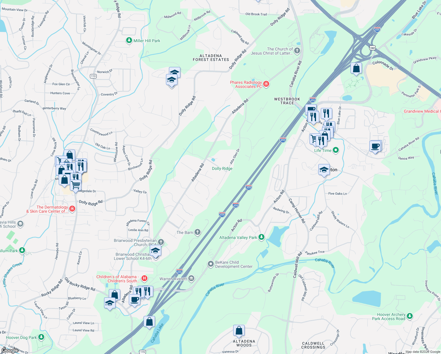 map of restaurants, bars, coffee shops, grocery stores, and more near 2640 Alta Glen Drive in Vestavia Hills