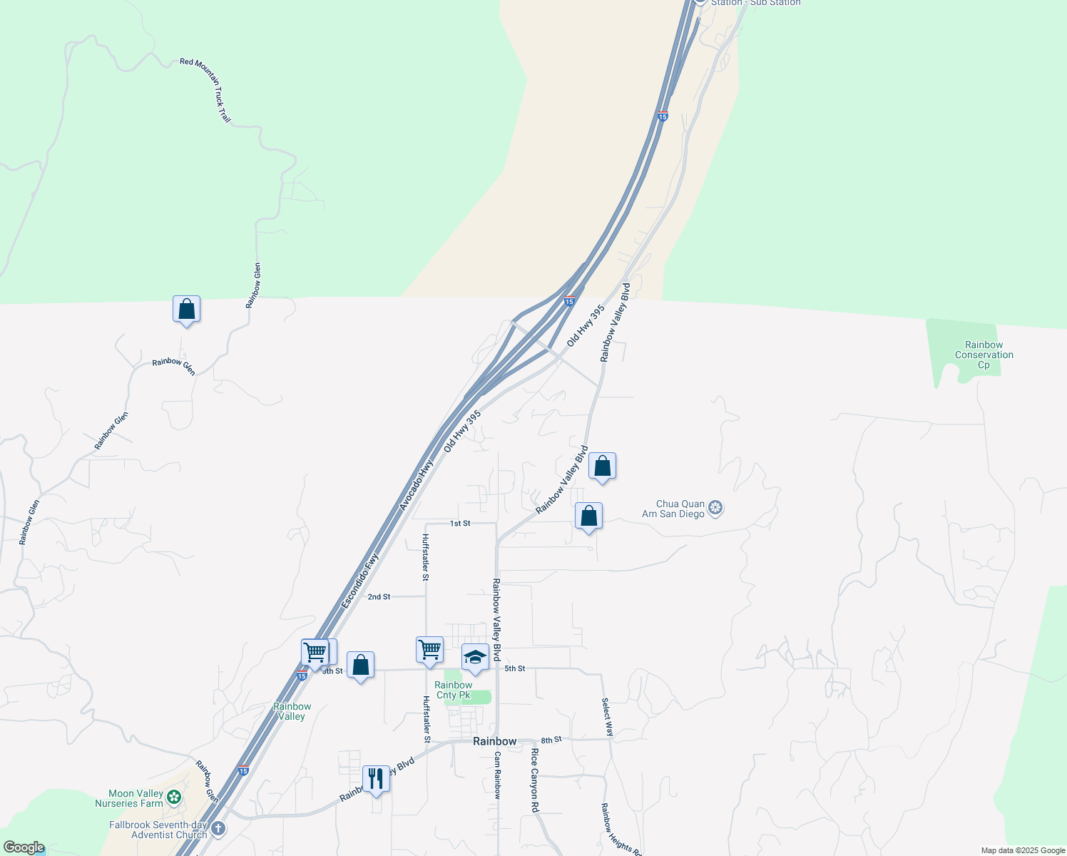 map of restaurants, bars, coffee shops, grocery stores, and more near 2964 Rainbow Valley Boulevard in Fallbrook