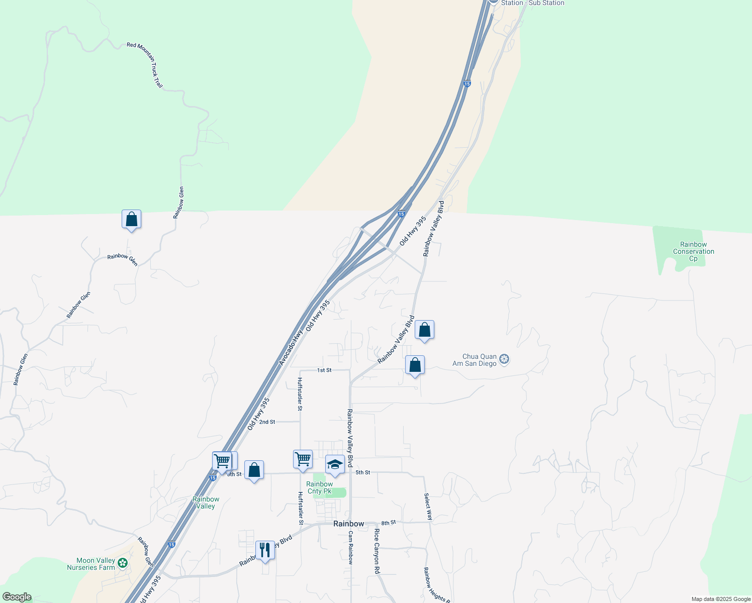 map of restaurants, bars, coffee shops, grocery stores, and more near 2964 Rainbow Valley Boulevard in Fallbrook
