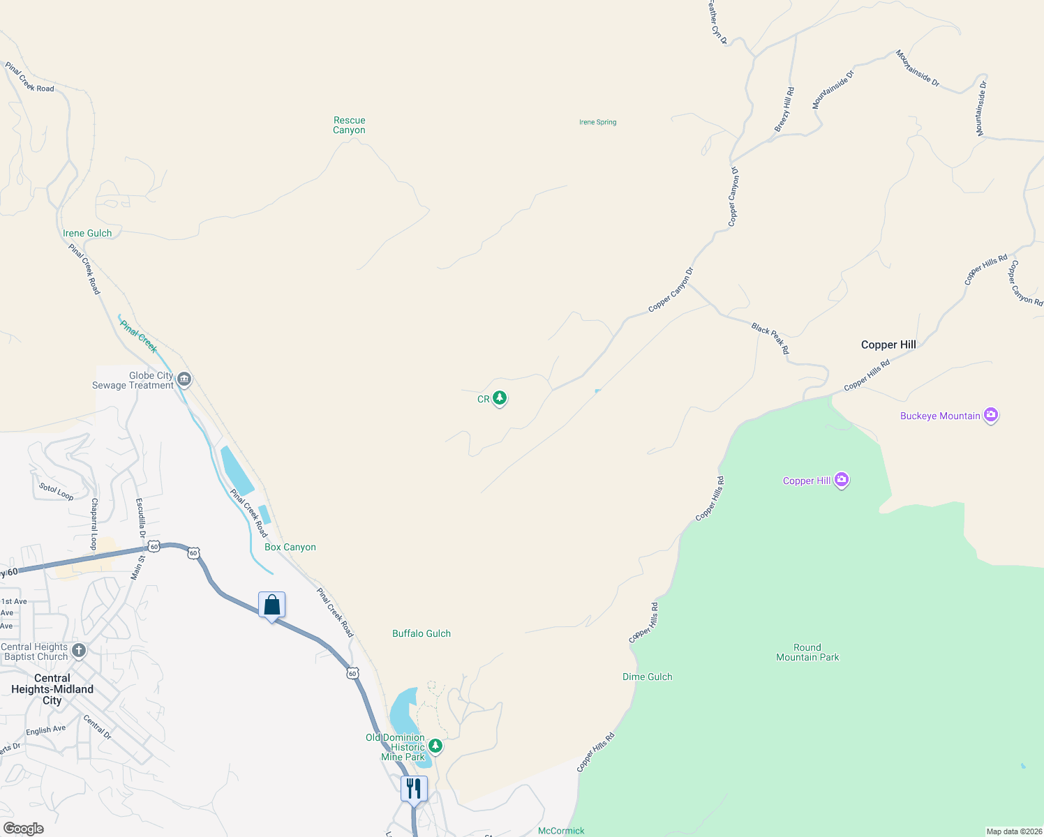 map of restaurants, bars, coffee shops, grocery stores, and more near 3034 Copper Canyon Drive in Globe