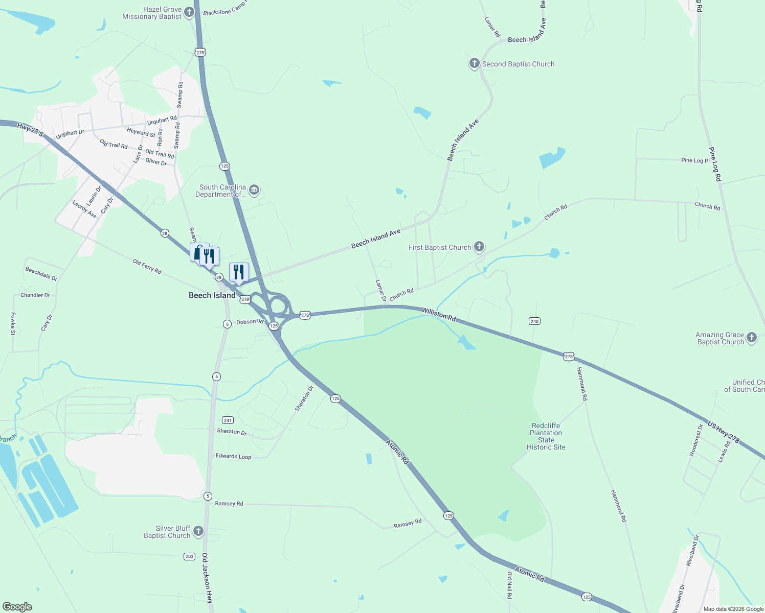 map of restaurants, bars, coffee shops, grocery stores, and more near 93 Williston Road in Beech Island