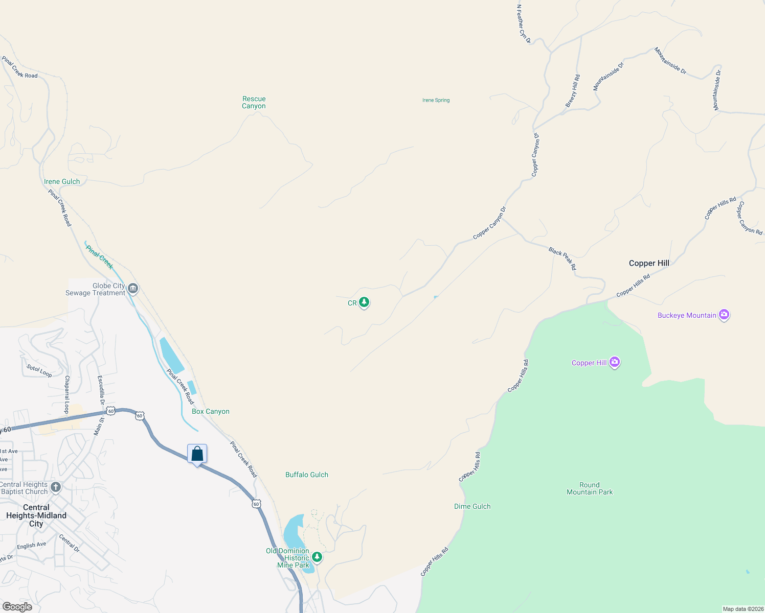 map of restaurants, bars, coffee shops, grocery stores, and more near 3034 West Copper Canyon Drive in Globe