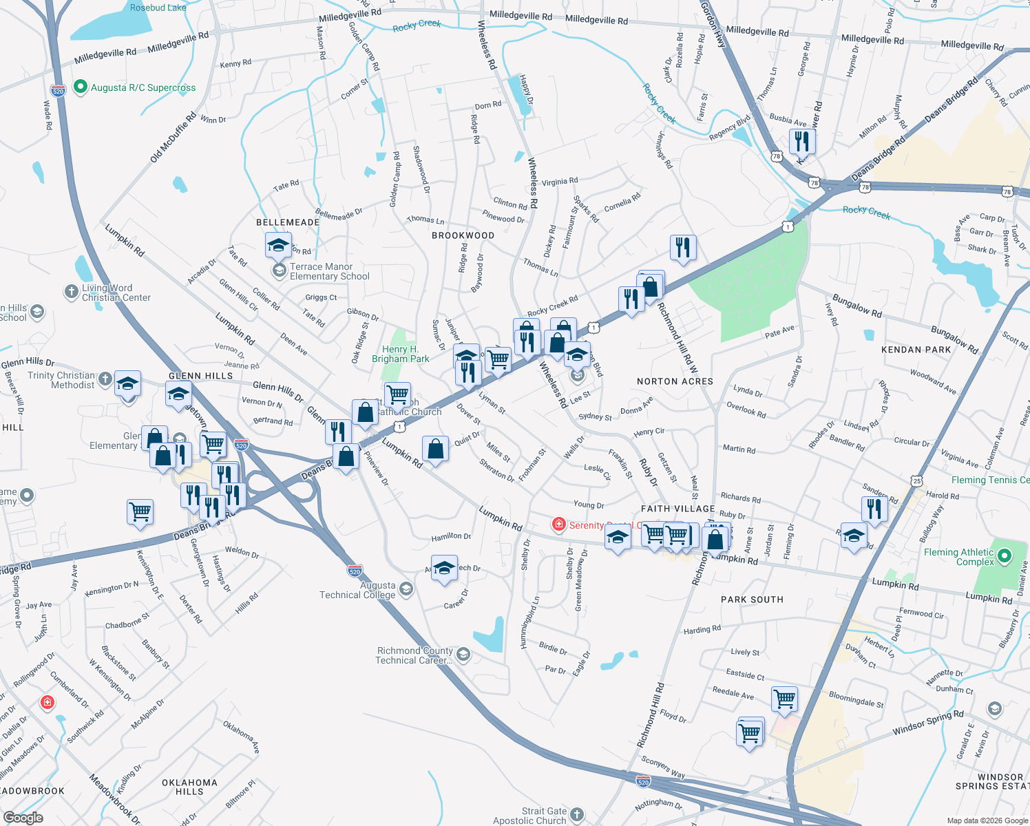 map of restaurants, bars, coffee shops, grocery stores, and more near 2553 Lyman Street in Augusta