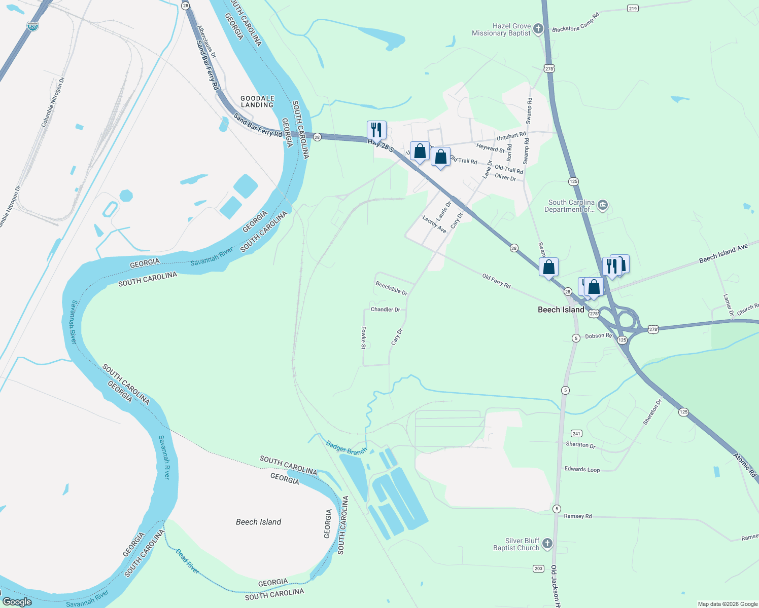 map of restaurants, bars, coffee shops, grocery stores, and more near 23 Chandler Drive in Aiken