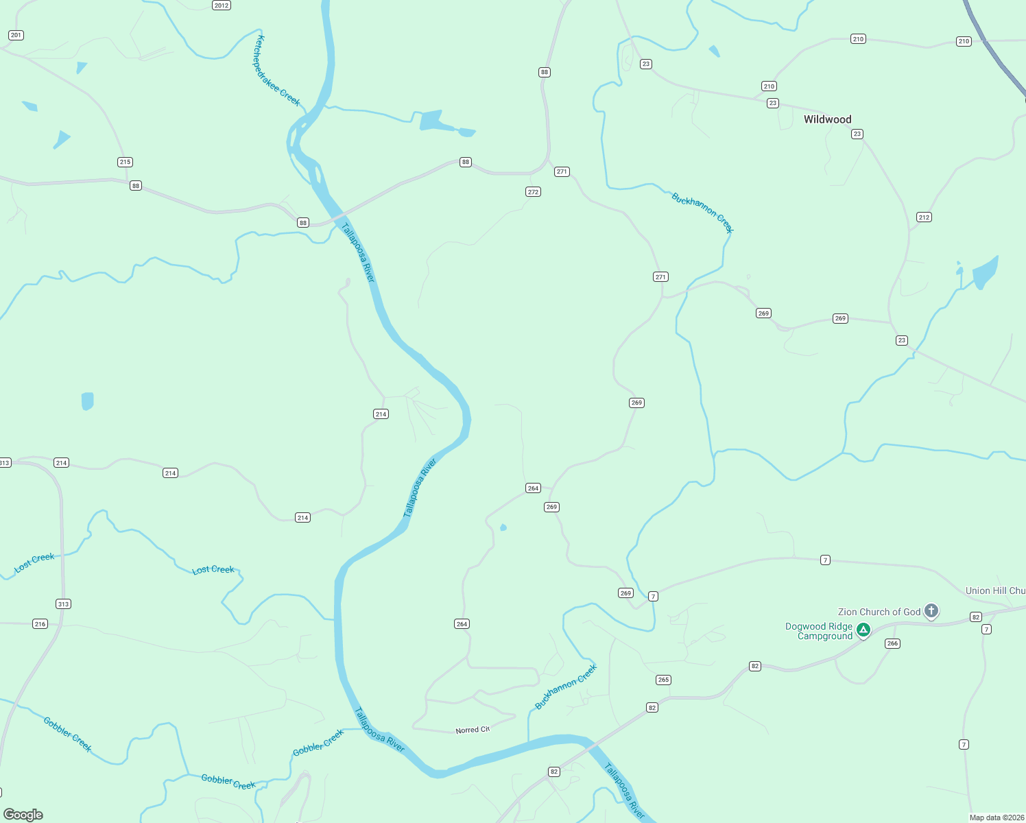 map of restaurants, bars, coffee shops, grocery stores, and more near Unnamed Road in Wedowee
