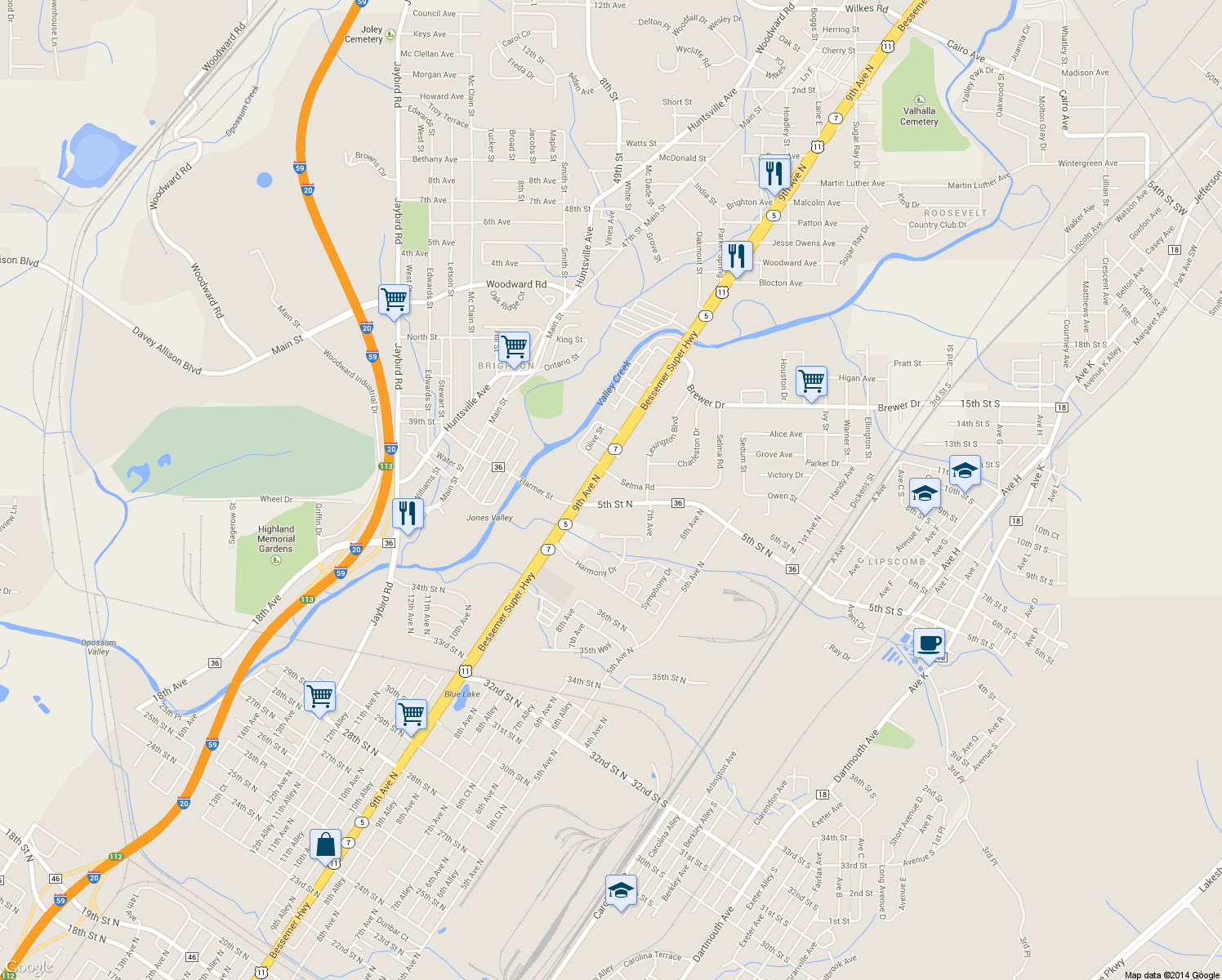 map of restaurants, bars, coffee shops, grocery stores, and more near 4013 Bessemer Super Highway in Bessemer
