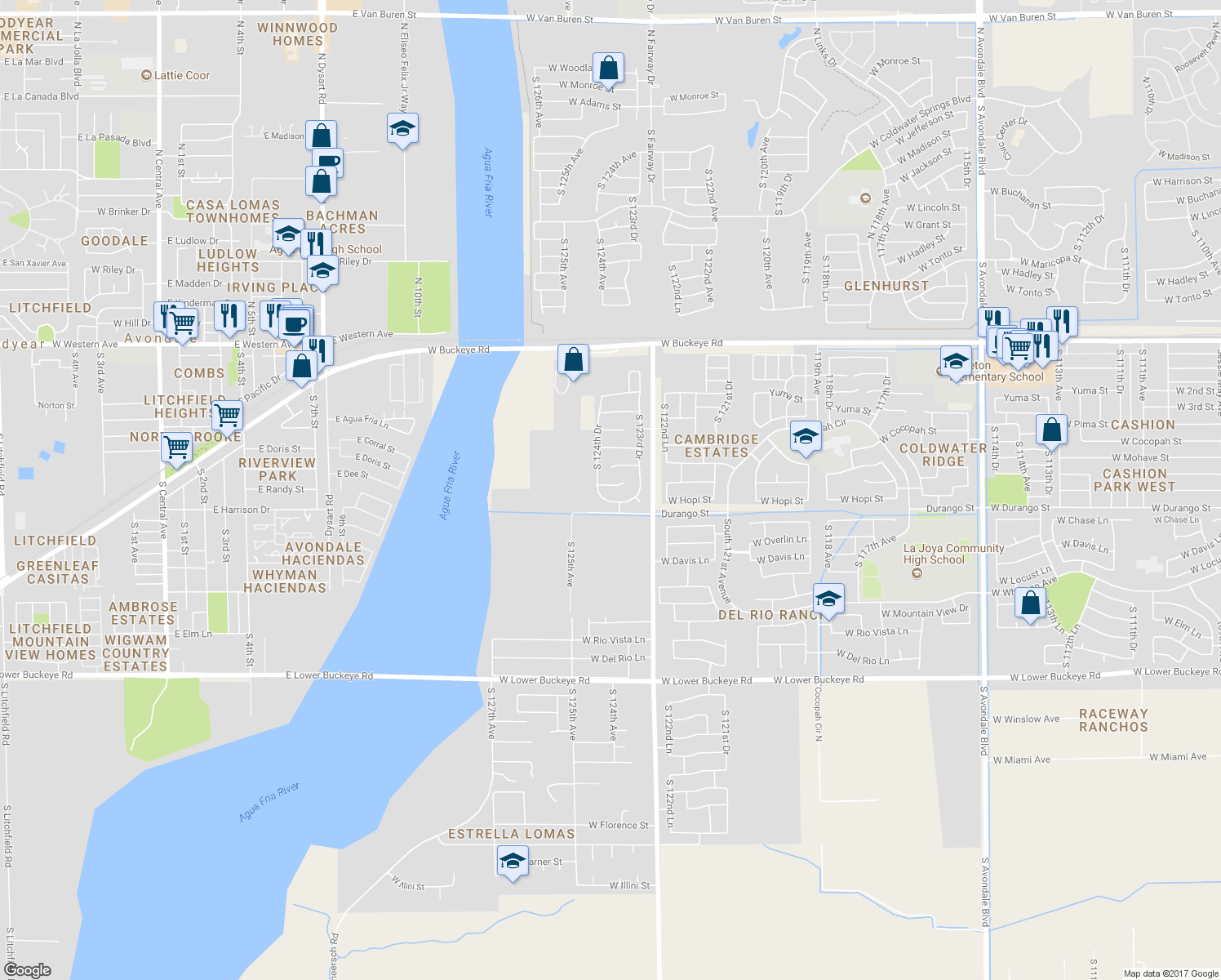 map of restaurants, bars, coffee shops, grocery stores, and more near 12417 West Apache Street in Avondale