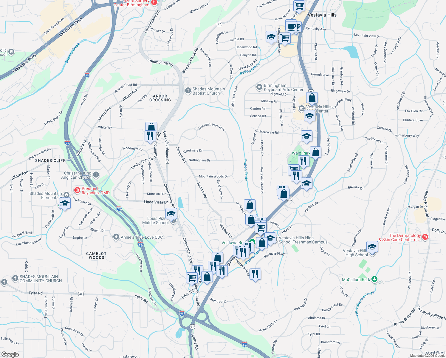 map of restaurants, bars, coffee shops, grocery stores, and more near 2637 Mountain Woods Drive in Vestavia Hills