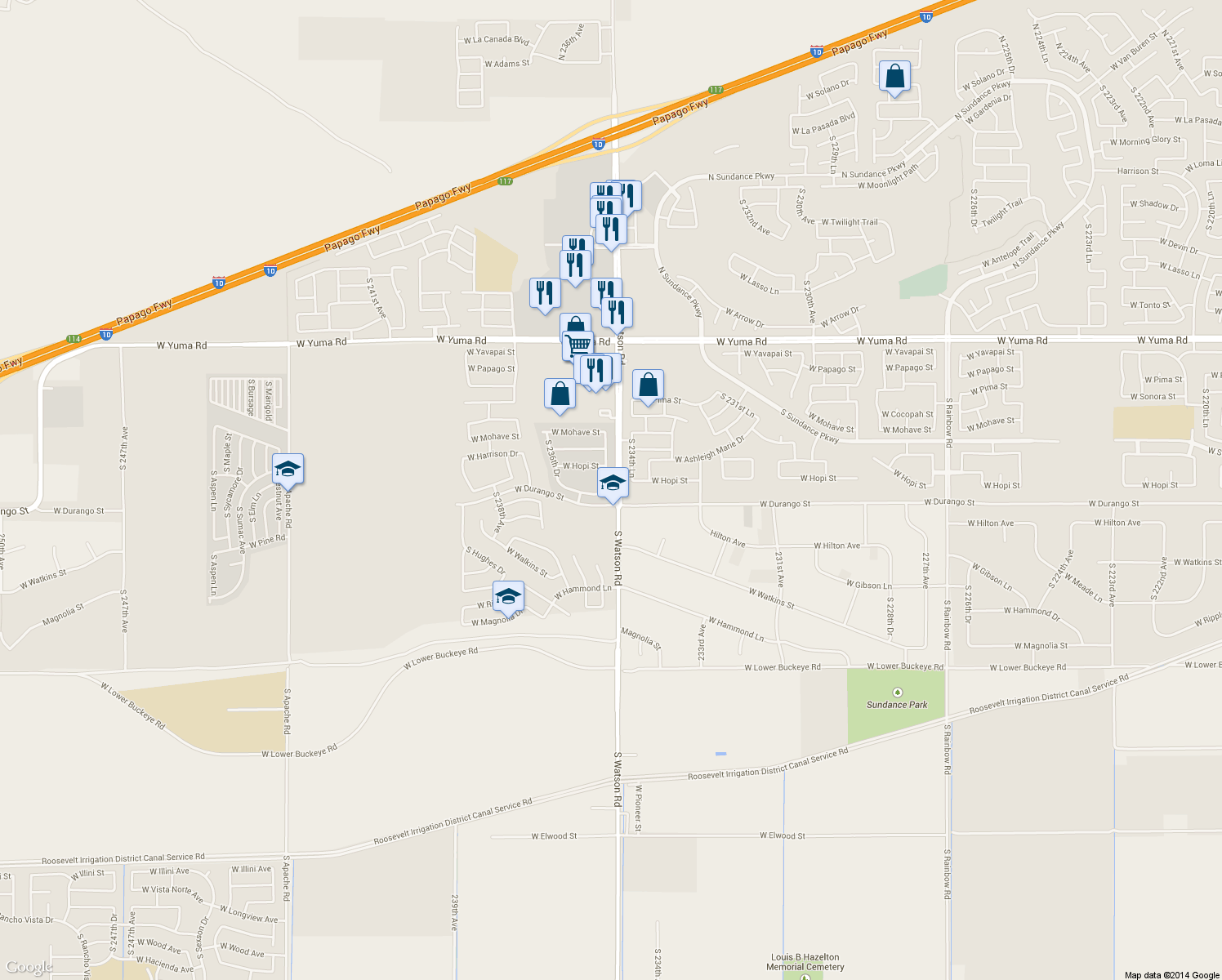 map of restaurants, bars, coffee shops, grocery stores, and more near 1929 South 235th Drive in Buckeye
