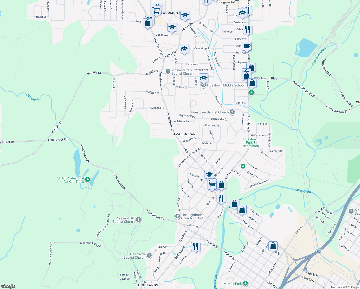 map of restaurants, bars, coffee shops, grocery stores, and more near 1133 Hueytown Road in Bessemer