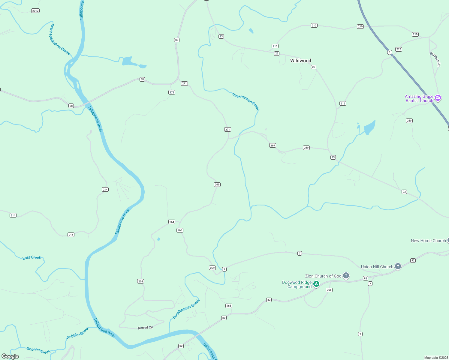 map of restaurants, bars, coffee shops, grocery stores, and more near 1051 County Road 269 in Wedowee