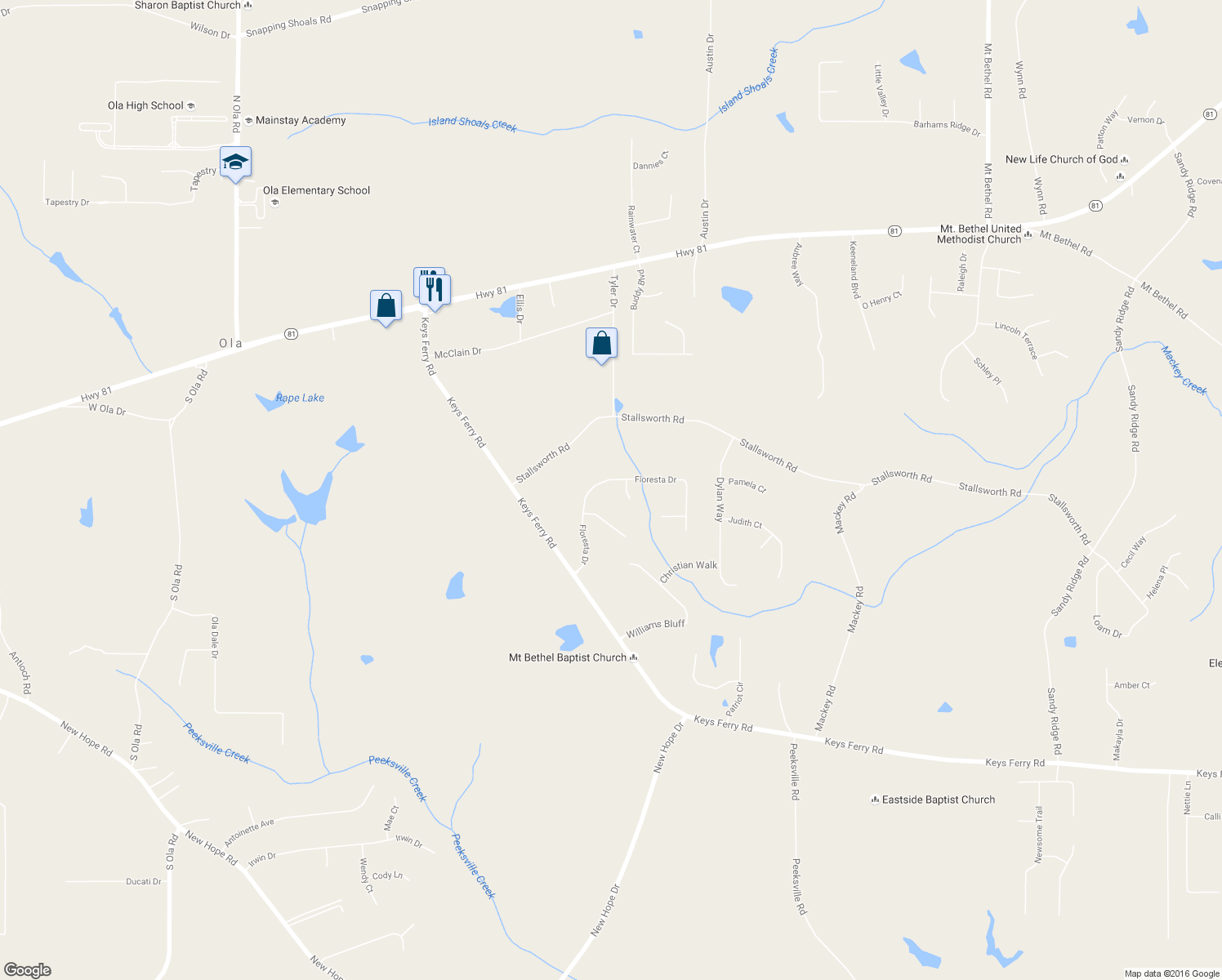 map of restaurants, bars, coffee shops, grocery stores, and more near 134 Floresta Drive in McDonough