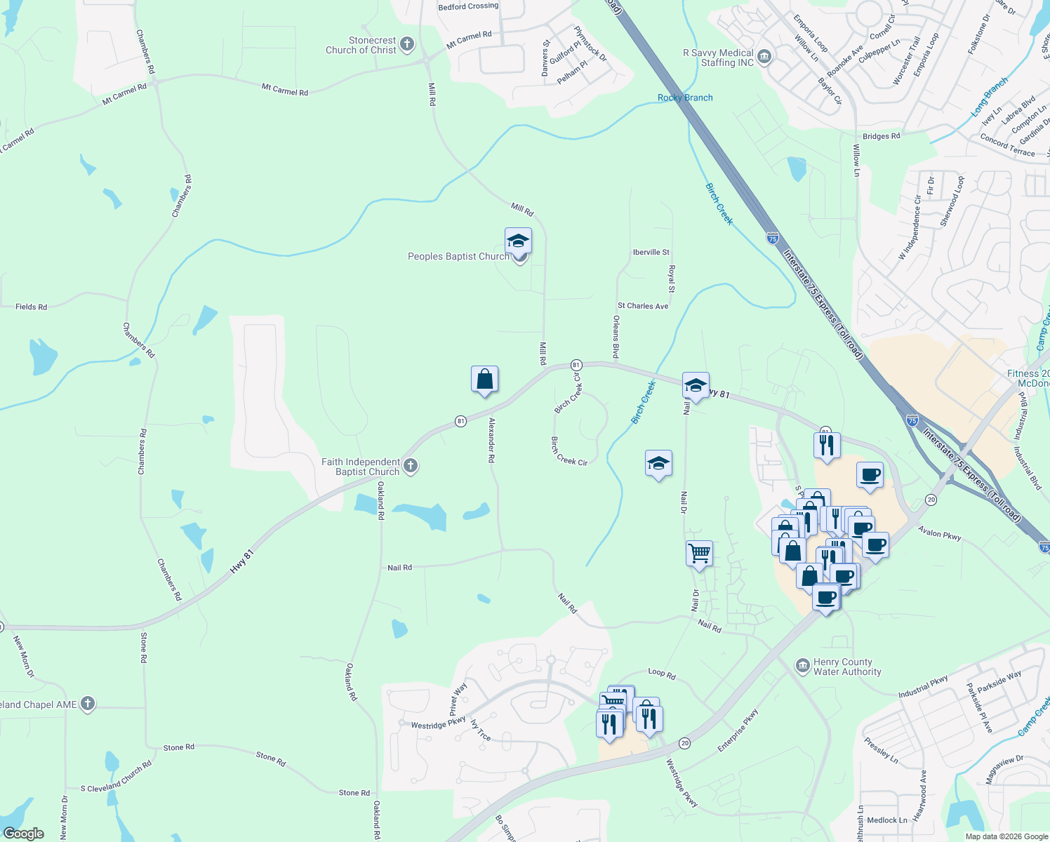 map of restaurants, bars, coffee shops, grocery stores, and more near 835 Highway 81 in McDonough