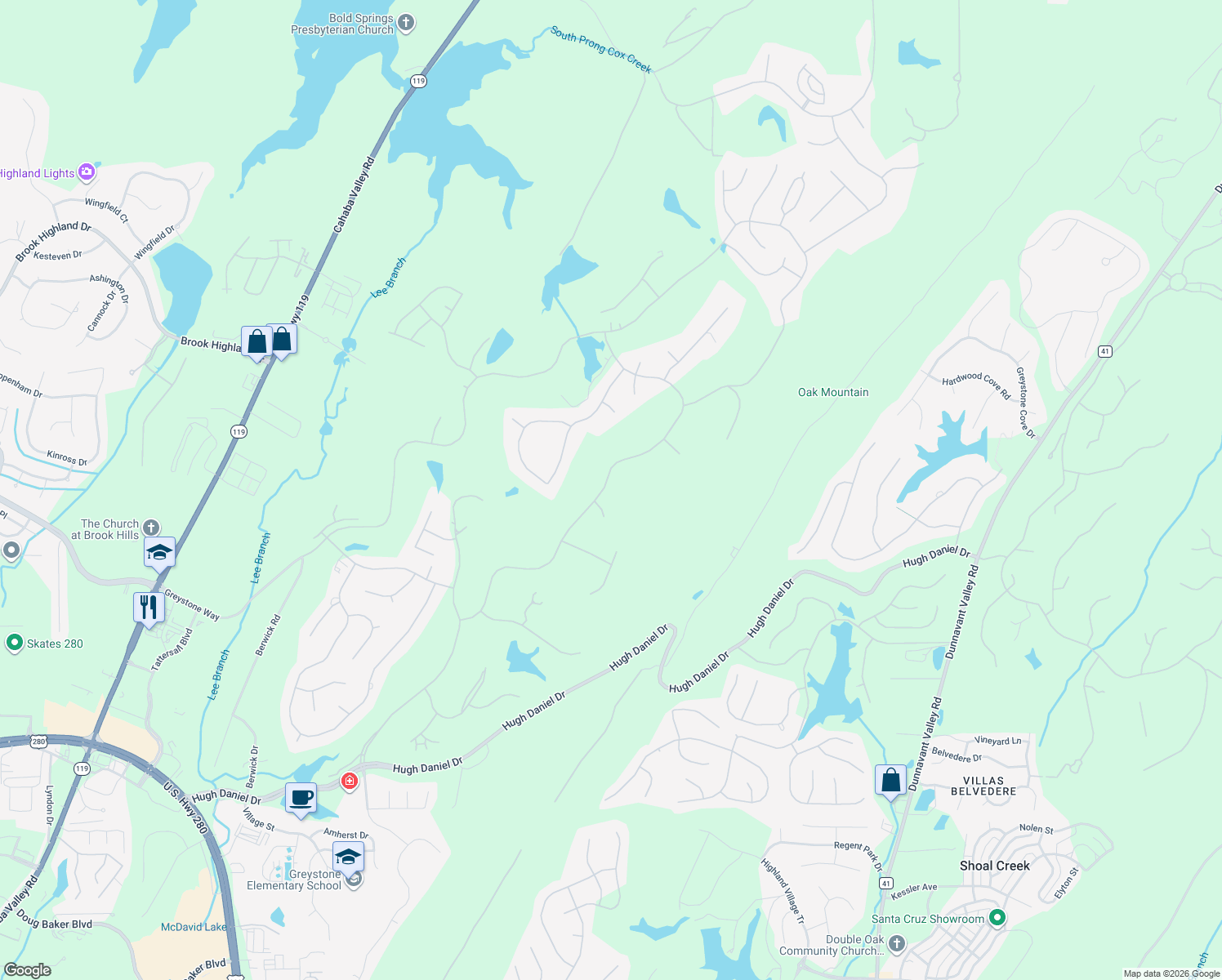 map of restaurants, bars, coffee shops, grocery stores, and more near 5079 Greystone Way in Birmingham