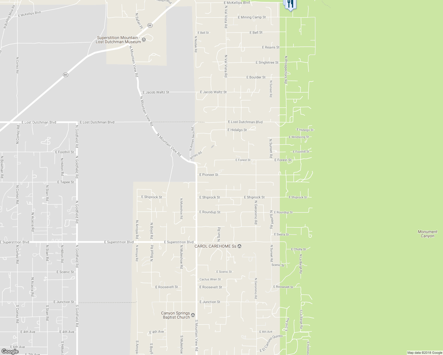 map of restaurants, bars, coffee shops, grocery stores, and more near 5151 East Pioneer Street in Apache Junction