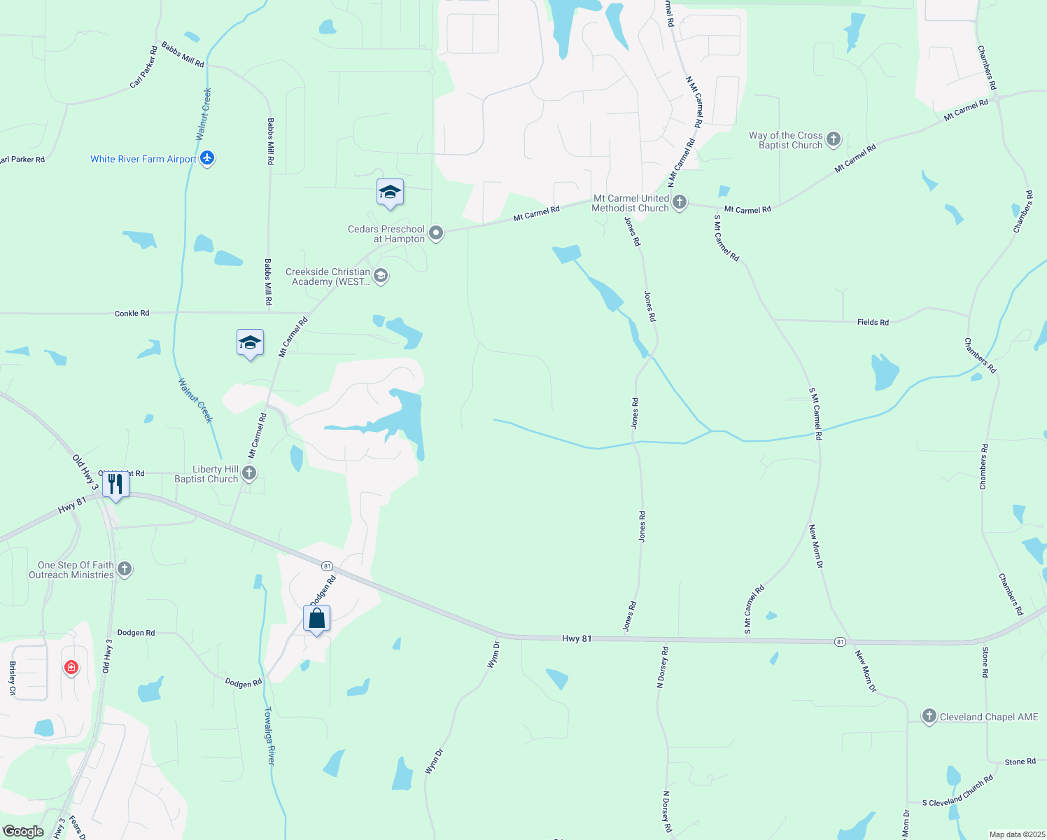 map of restaurants, bars, coffee shops, grocery stores, and more near 323 Winding Stream Trail in Hampton