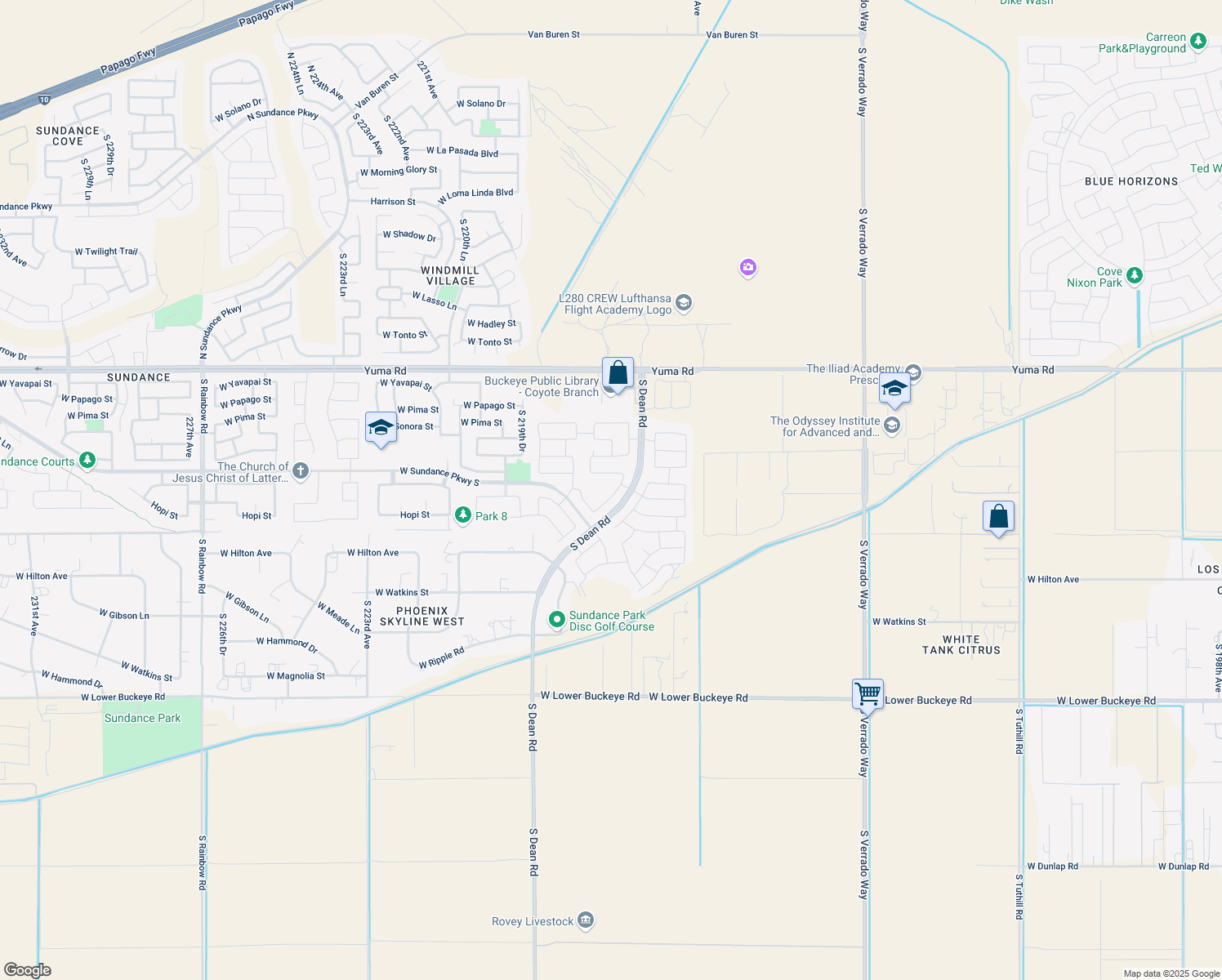 map of restaurants, bars, coffee shops, grocery stores, and more near 1804 S 217th Ave in Buckeye