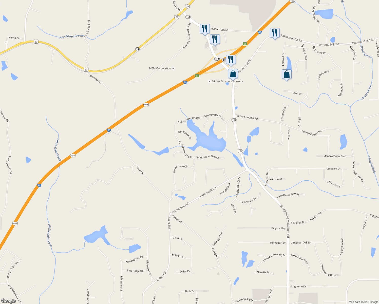 map of restaurants, bars, coffee shops, grocery stores, and more near 10 Pinnacle Shores in Newnan