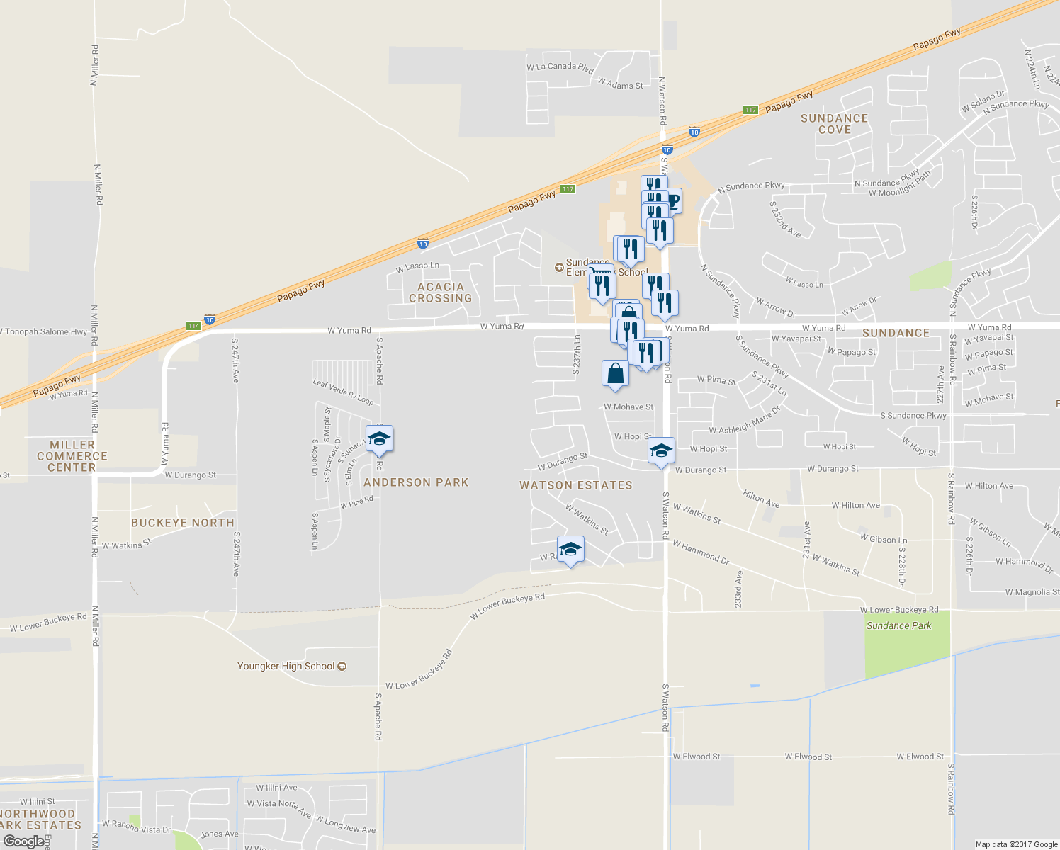 map of restaurants, bars, coffee shops, grocery stores, and more near 23882 West Harrison Drive in Buckeye