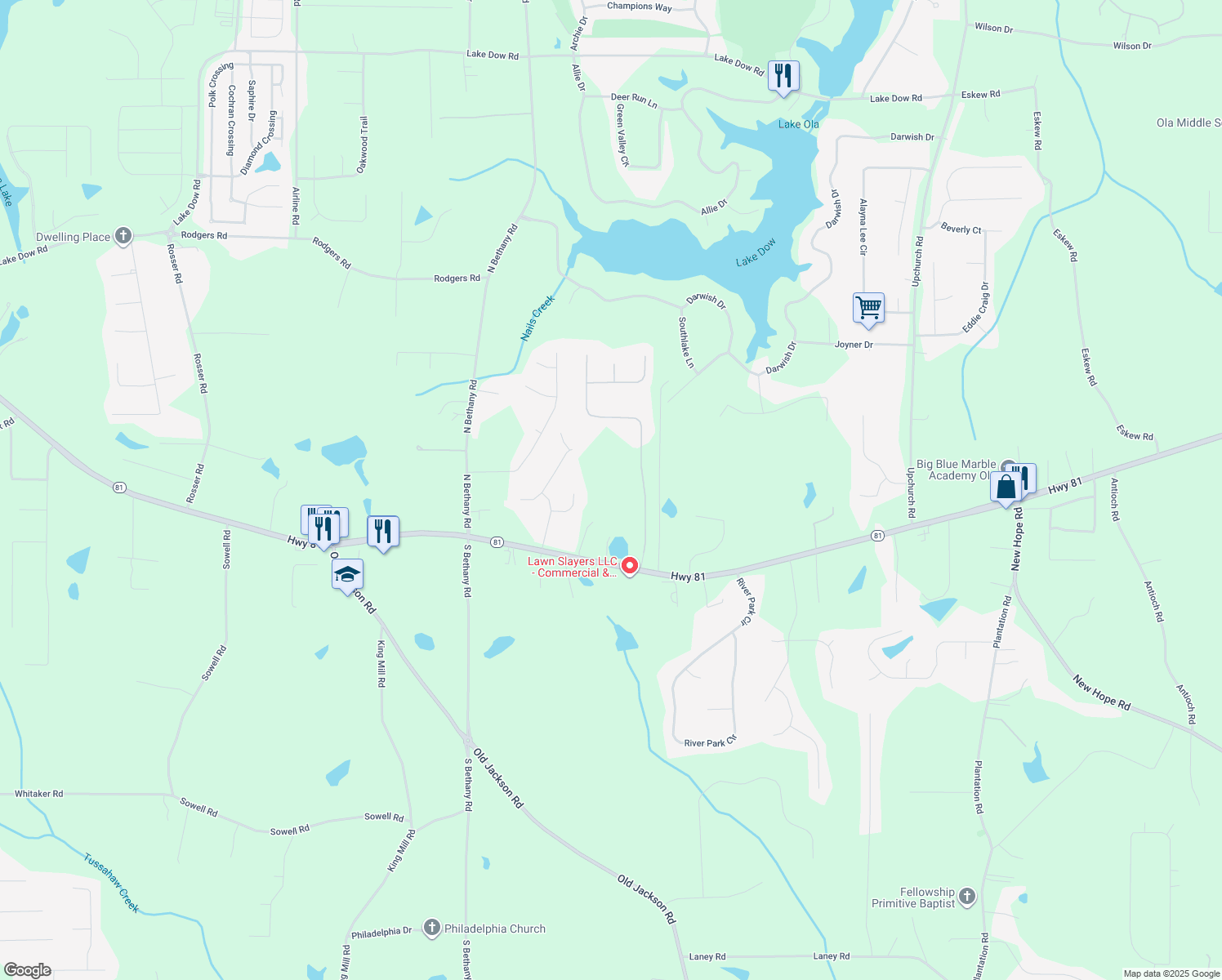 map of restaurants, bars, coffee shops, grocery stores, and more near 2131 Highway 81 in McDonough