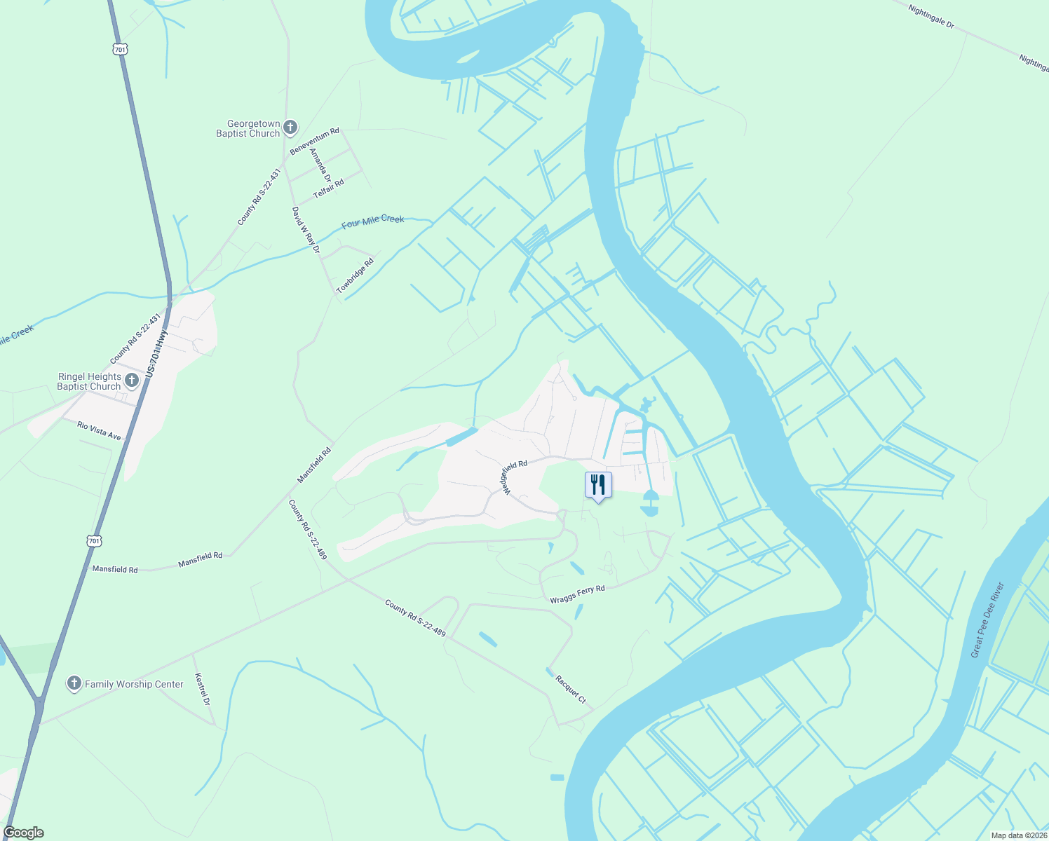 map of restaurants, bars, coffee shops, grocery stores, and more near 40 Governor Boone Lane in Georgetown