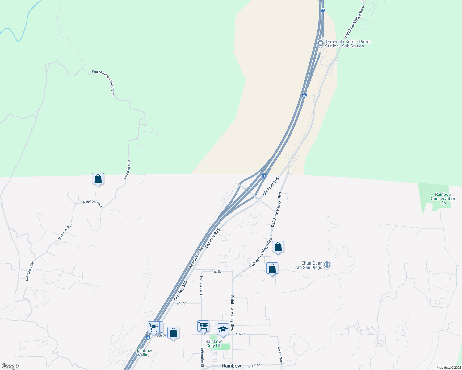 map of restaurants, bars, coffee shops, grocery stores, and more near Old Highway 395 in Fallbrook