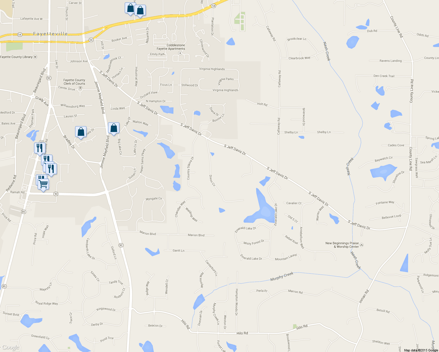 map of restaurants, bars, coffee shops, grocery stores, and more near 164 Dixon Circle in Fayetteville