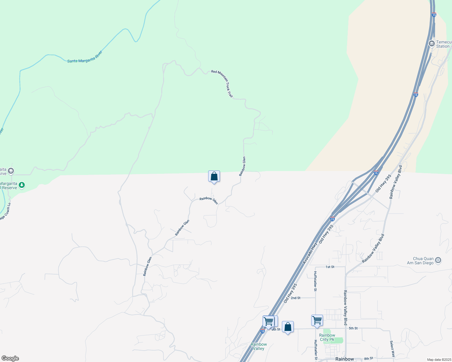 map of restaurants, bars, coffee shops, grocery stores, and more near 3030 Rainbow Glen Road in Fallbrook
