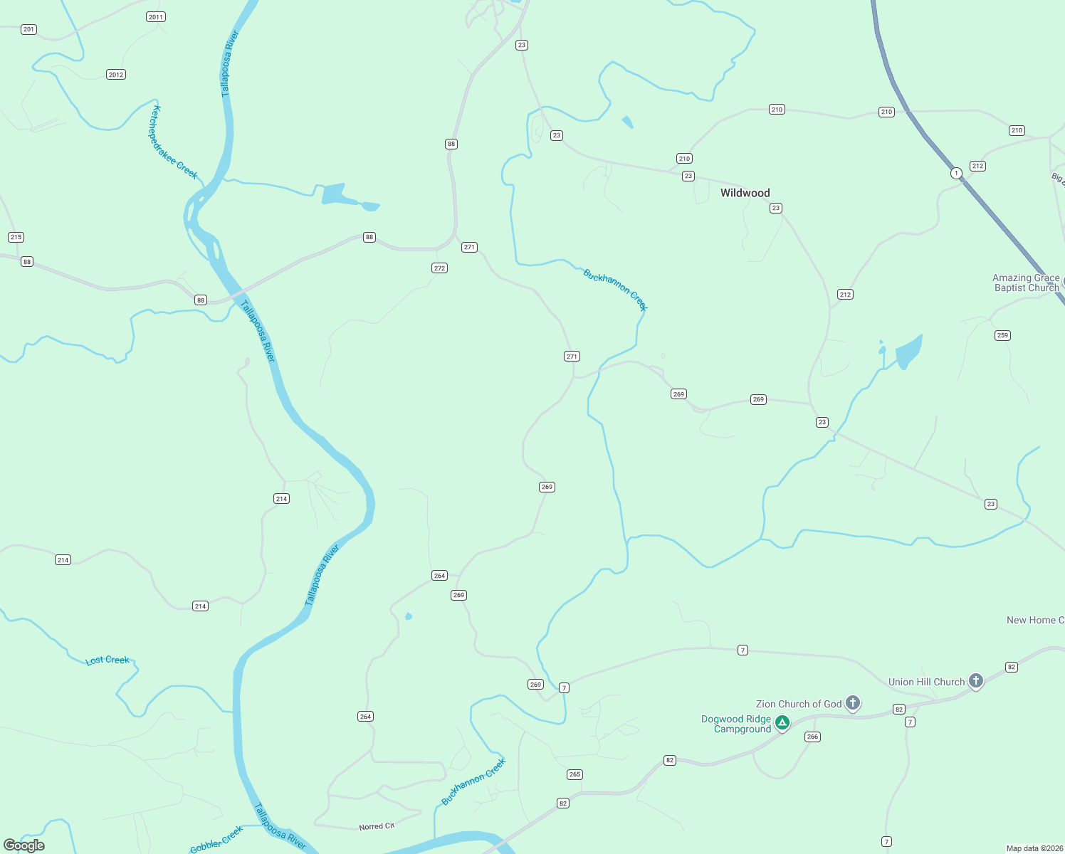 map of restaurants, bars, coffee shops, grocery stores, and more near 1041 County Road 269 in Wedowee