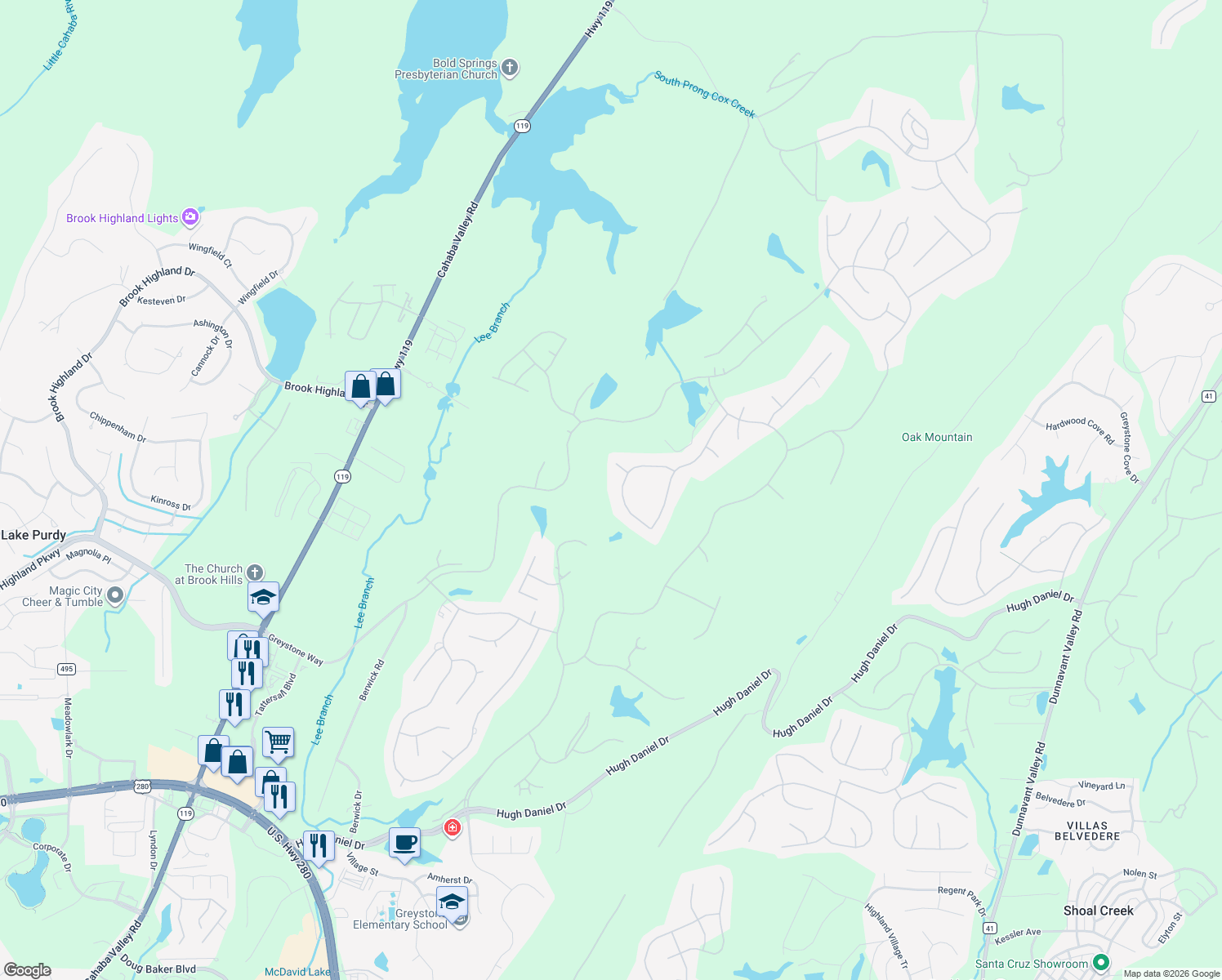 map of restaurants, bars, coffee shops, grocery stores, and more near 2109 Cameron Circle in Birmingham