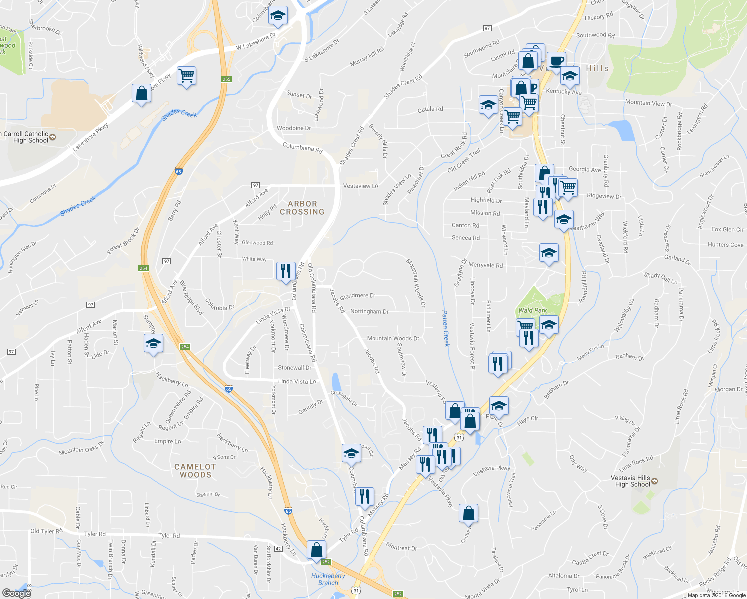 map of restaurants, bars, coffee shops, grocery stores, and more near 1837 Glendmere Dr in Vestavia Hills
