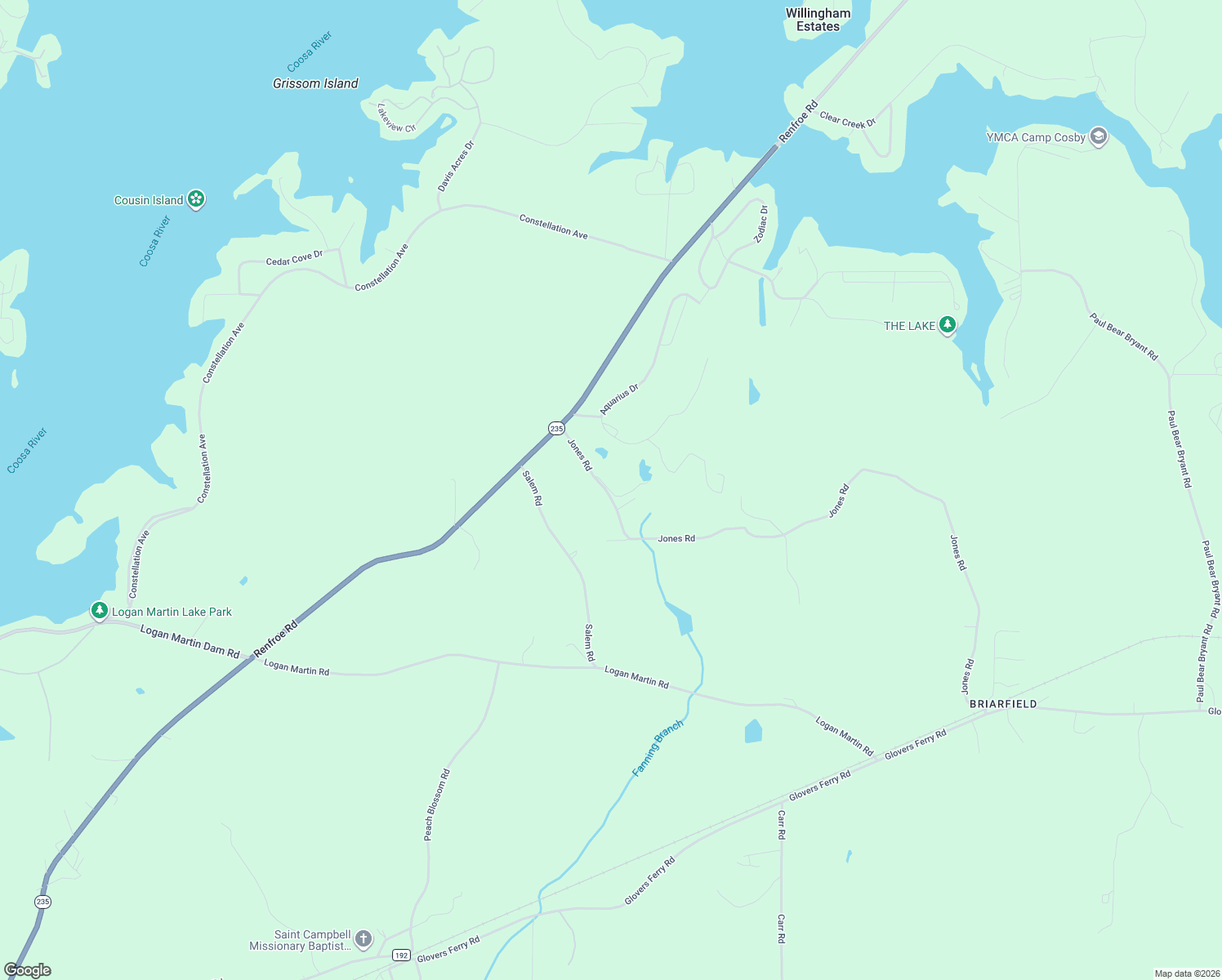 map of restaurants, bars, coffee shops, grocery stores, and more near 127 Jones Road in Talladega County
