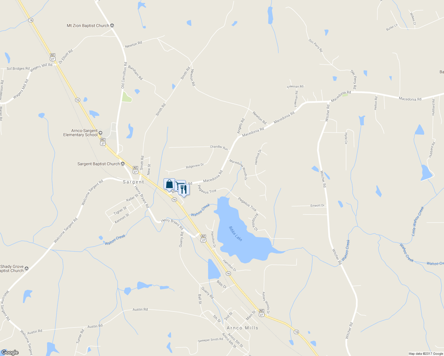 map of restaurants, bars, coffee shops, grocery stores, and more near 231 Macedonia Road in Newnan