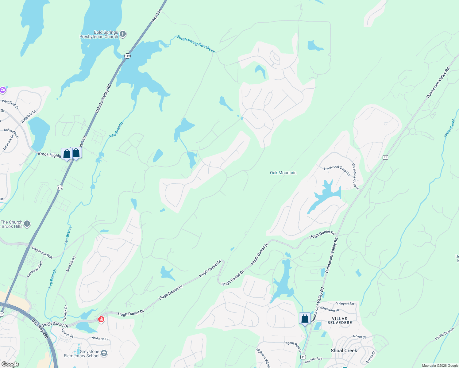 map of restaurants, bars, coffee shops, grocery stores, and more near 8005 Castlehill Road in Birmingham