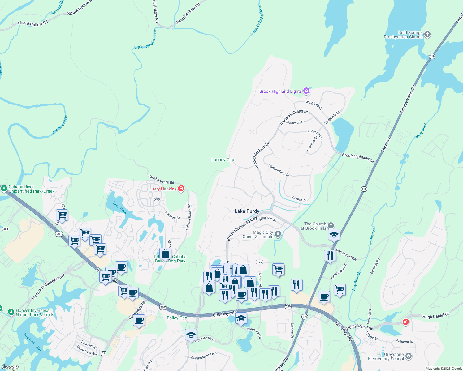 map of restaurants, bars, coffee shops, grocery stores, and more near 5017 Somerset Way in Birmingham