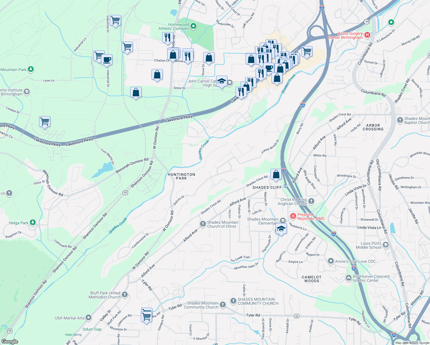 map of restaurants, bars, coffee shops, grocery stores, and more near 1604 Shades Glen Circle in Birmingham