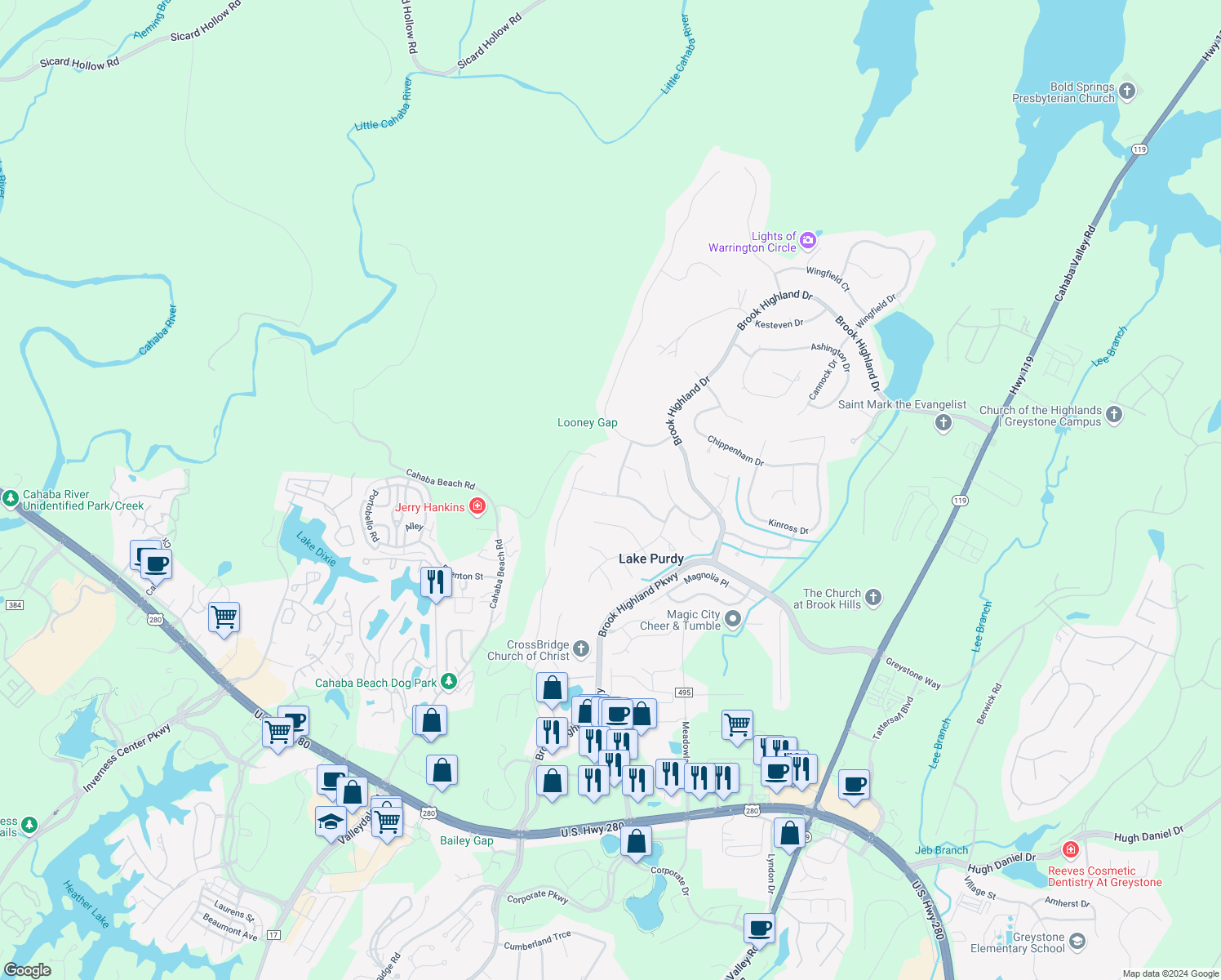 map of restaurants, bars, coffee shops, grocery stores, and more near 5017 Somerset Way in Birmingham