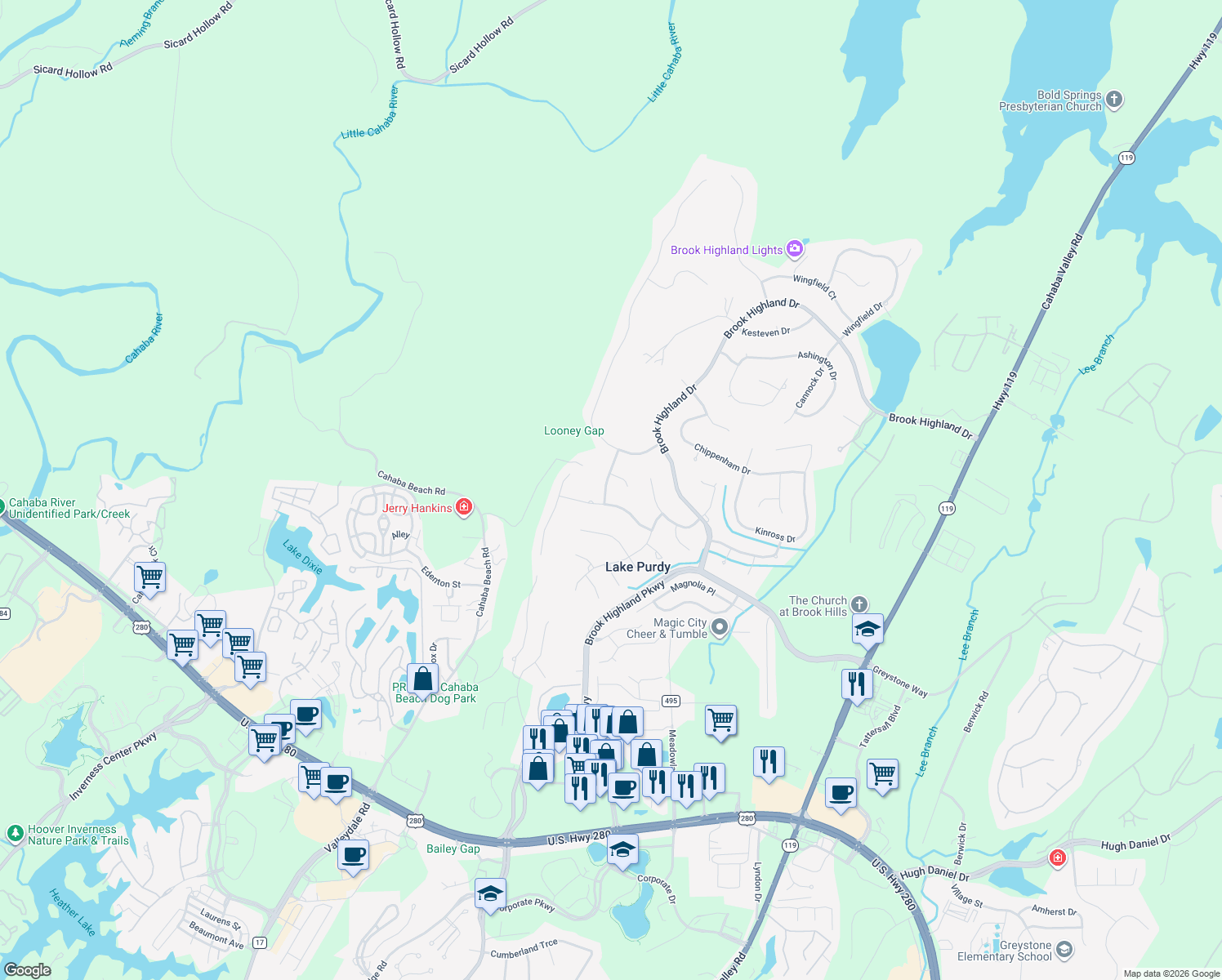 map of restaurants, bars, coffee shops, grocery stores, and more near 5017 Somerset Way in Birmingham