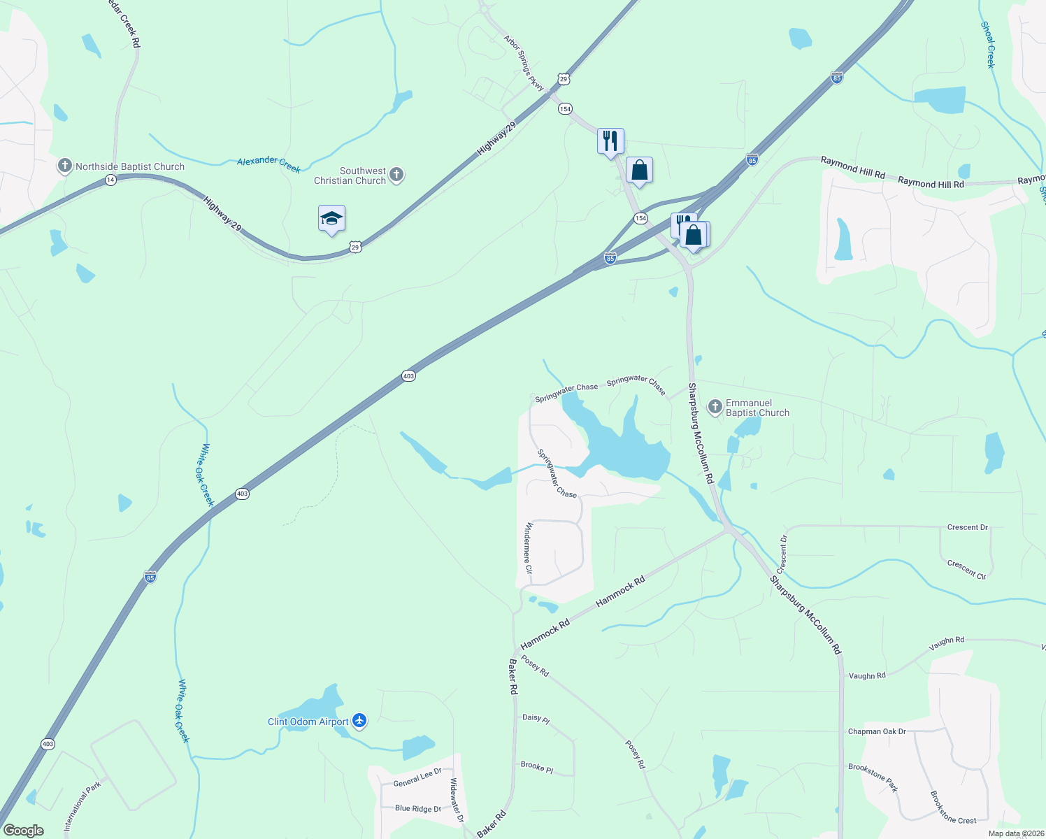 map of restaurants, bars, coffee shops, grocery stores, and more near 285 Springwater Chase in Newnan