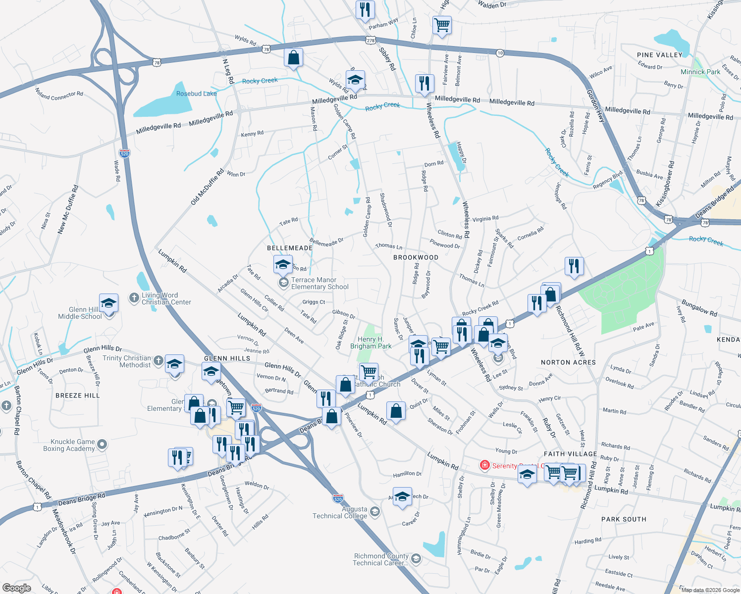 map of restaurants, bars, coffee shops, grocery stores, and more near 2503 Tara Heights Circle in Augusta