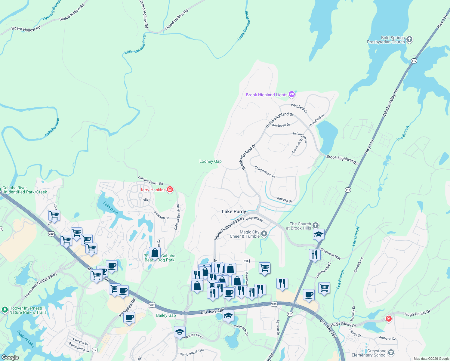 map of restaurants, bars, coffee shops, grocery stores, and more near 5017 Somerset Way in Birmingham