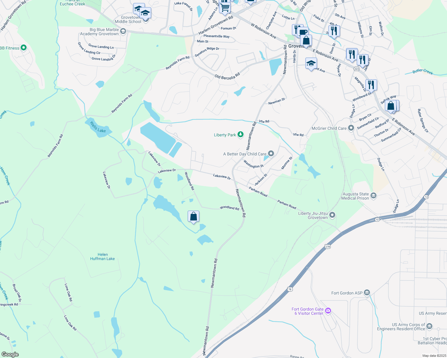 map of restaurants, bars, coffee shops, grocery stores, and more near 1483 Lakeview Drive in Grovetown