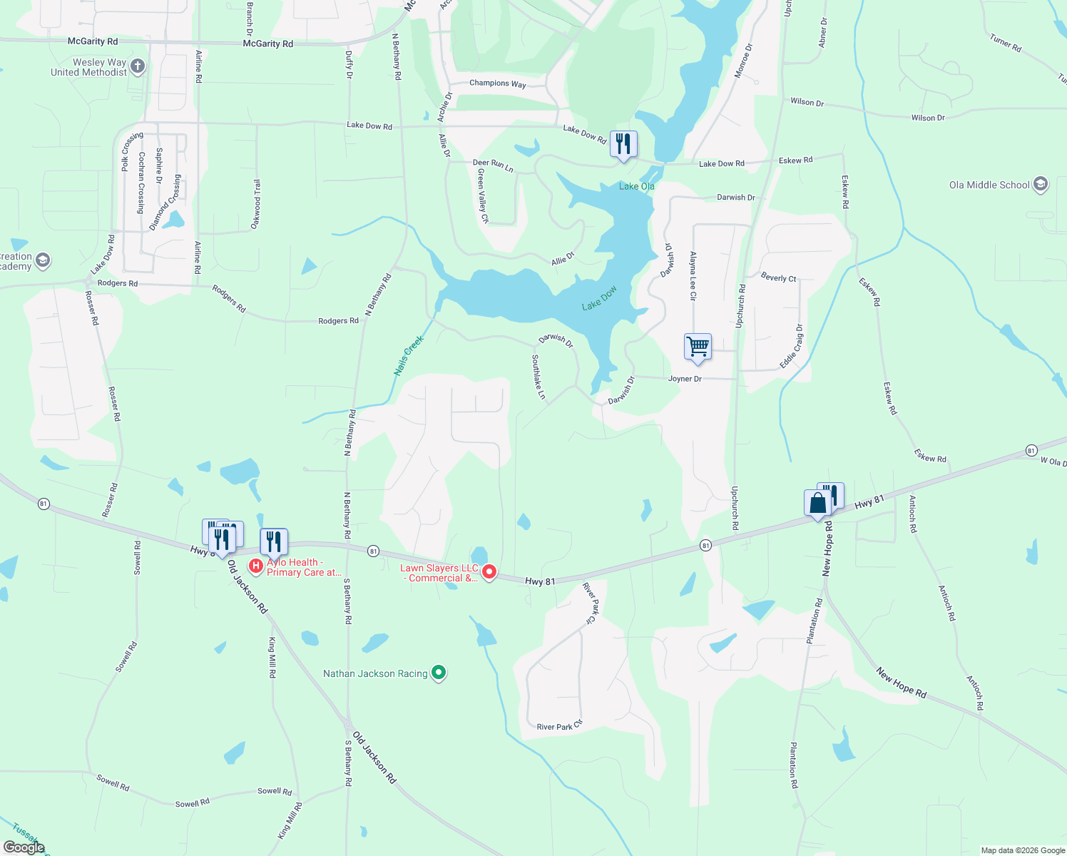 map of restaurants, bars, coffee shops, grocery stores, and more near 75 Paradise Court in McDonough
